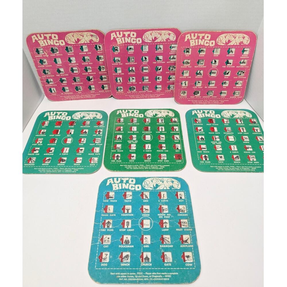 Lot of 7 Vtg Travel Cardboard Auto Bingo Cards by Regal Games  Pink Blue Green